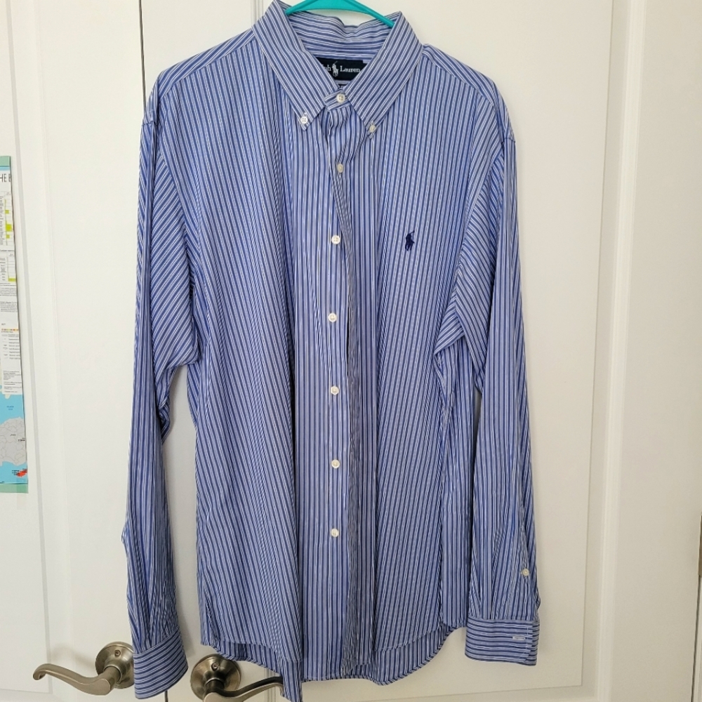 Ralph Lauren blue white striped long sleeve button dress shirt sz XL custom fit